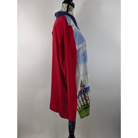 Quacker Factory Womens L Blouse Silk Landscape Nautical Long Sleeve Button Up - Picture 4 of 14